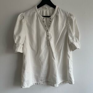 ba&sh 100% Cotton White Puff-Sleeve Button Henley Top Size 3 / Large